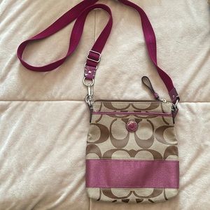 Coach Crossbody Bag - Light Brown/Tan Monogram & Plum/Magenta
